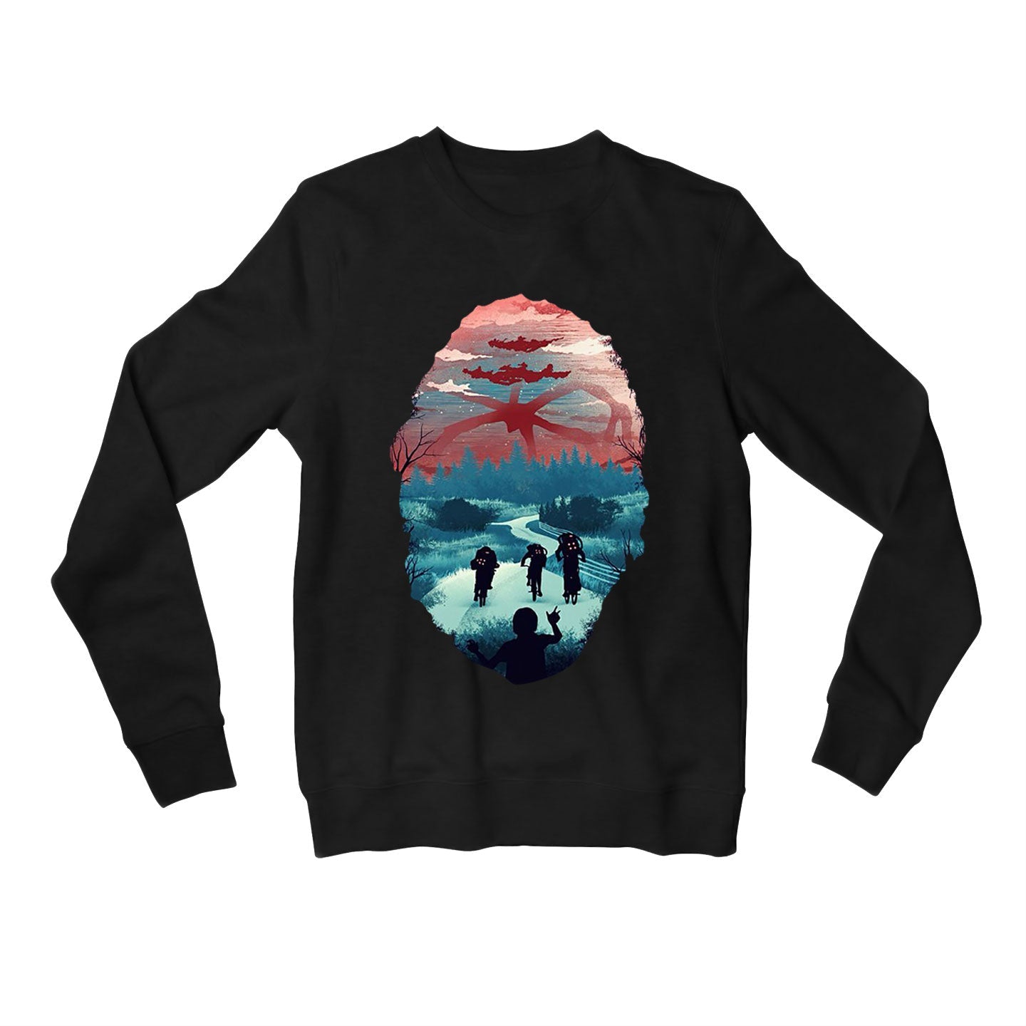 stranger things shadow monster sweatshirt upper winterwear tv & movies buy online united states usa the banyan tee tbt men women girls boys unisex black stranger things eleven demogorgon shadow monster dustin quote vector art clothing accessories merchandise