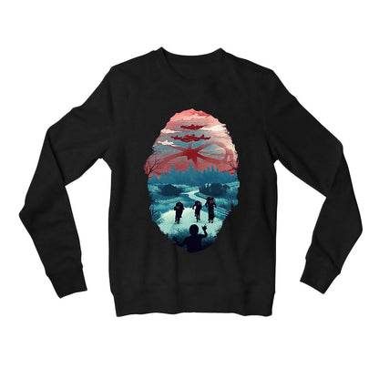 stranger things shadow monster sweatshirt upper winterwear tv & movies buy online united states usa the banyan tee tbt men women girls boys unisex black stranger things eleven demogorgon shadow monster dustin quote vector art clothing accessories merchandise