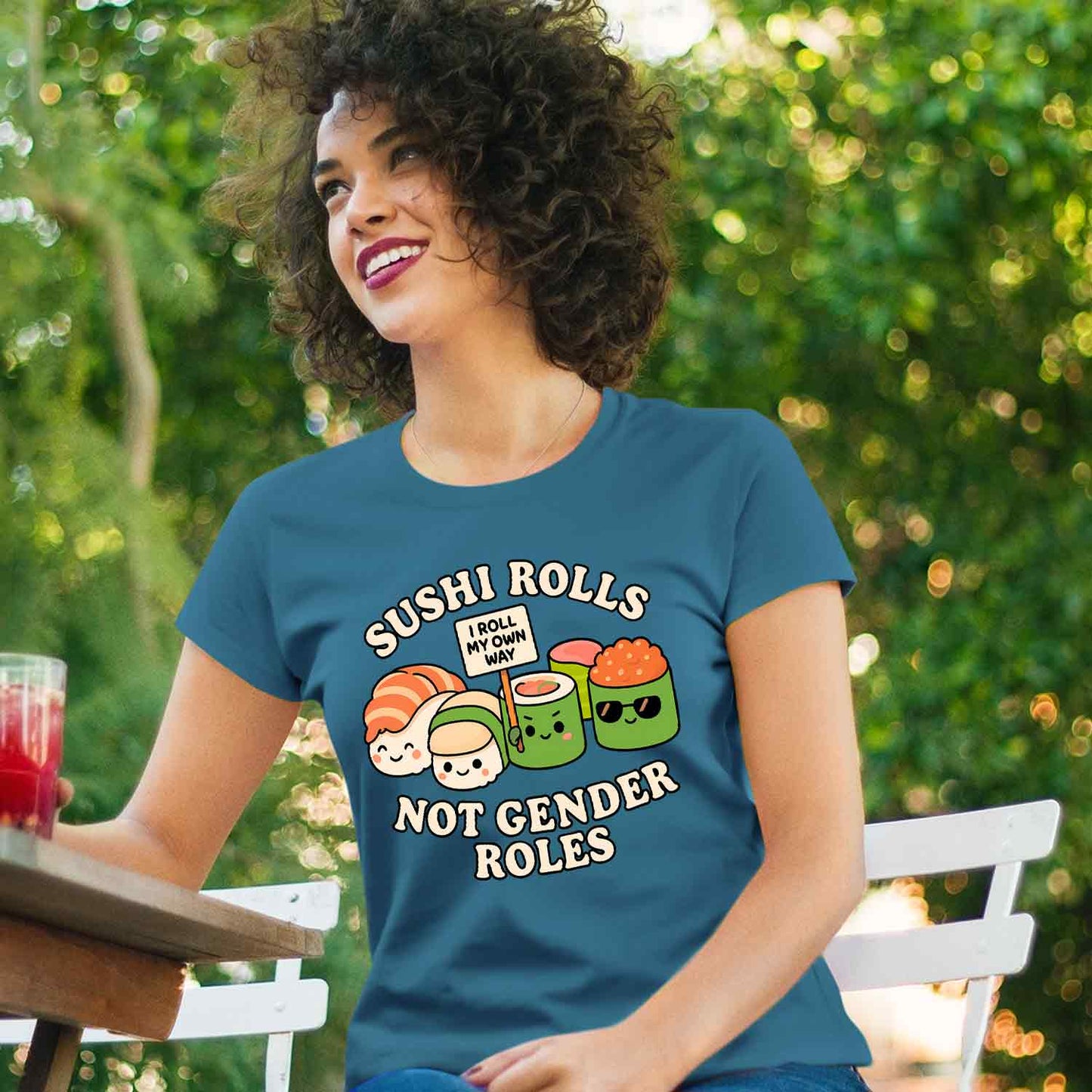 graphic sushi rolls not gender roles t-shirt printed graphic stylish buy online united states usa the banyan tee tbt men women girls boys unisex coral blue 