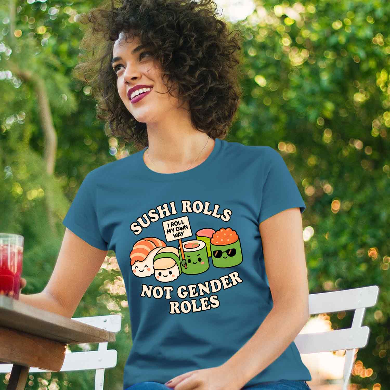graphic sushi rolls not gender roles t-shirt printed graphic stylish buy online united states usa the banyan tee tbt men women girls boys unisex coral blue 