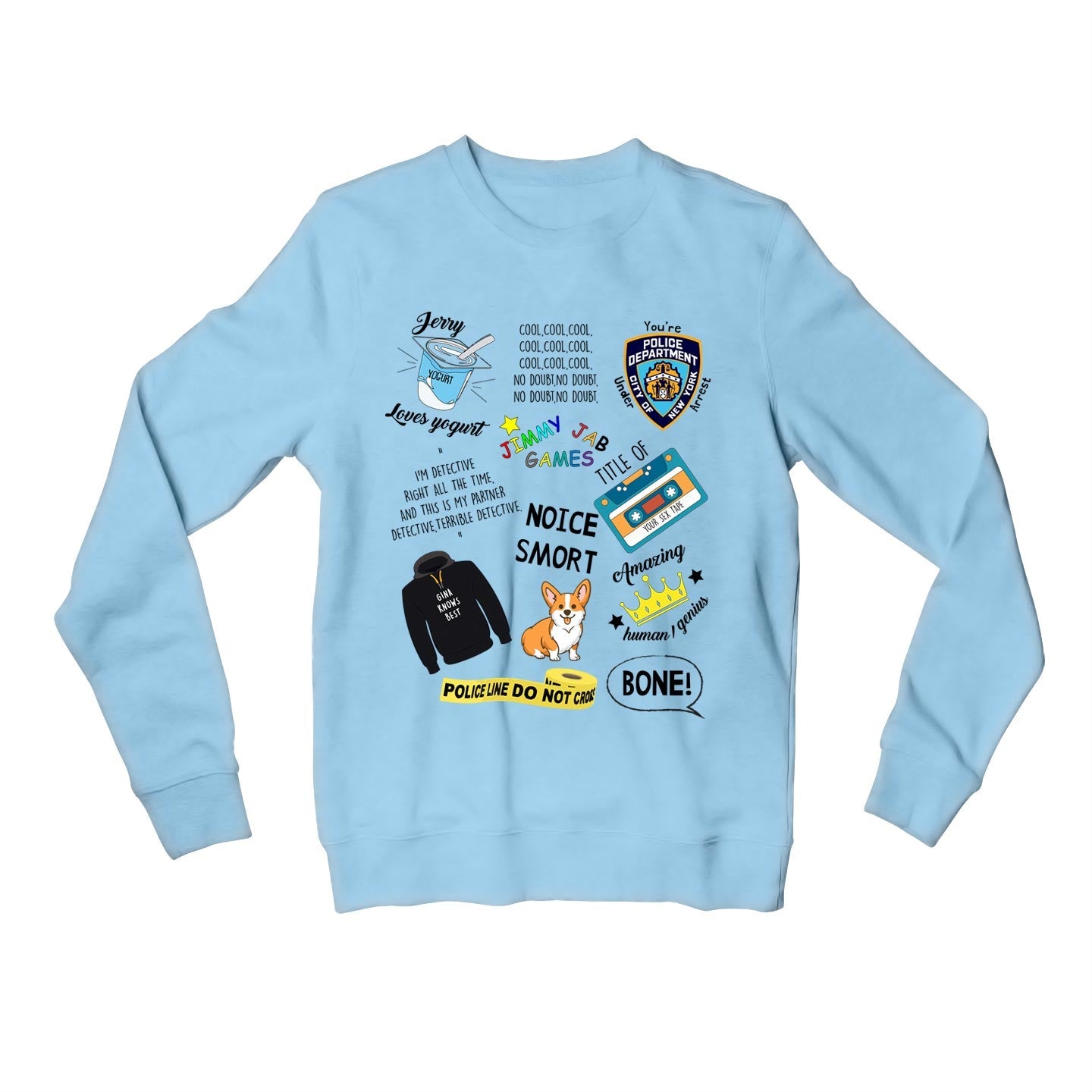 brooklyn nine-nine nine-nine doodle sweatshirt upper winterwear buy online united states of america usa the banyan tee tbt men women girls boys unisex gray detective jake peralta terry charles boyle gina linetti andy samberg merchandise clothing accessories