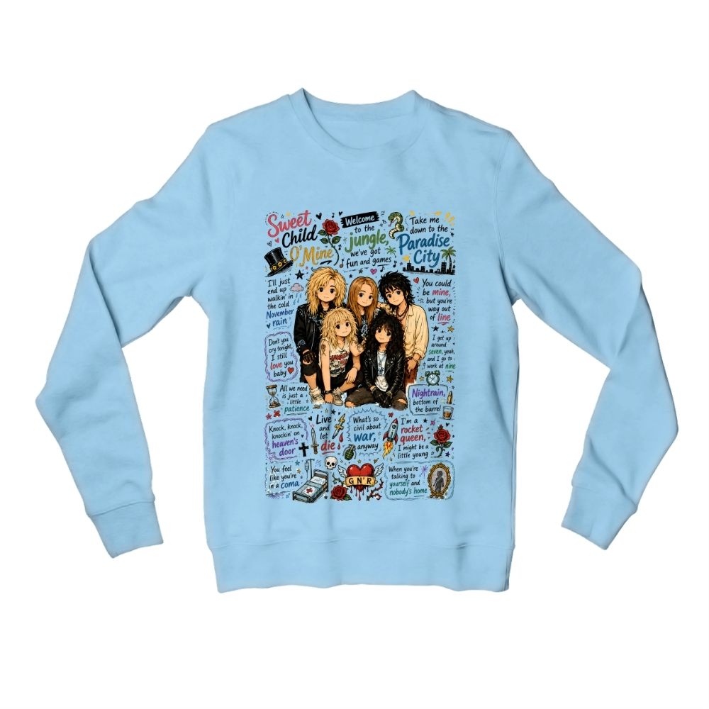 guns n' roses appetite for doodles sweatshirt upper winterwear music band buy online united states usa the banyan tee tbt men women girls boys unisex baby blue 