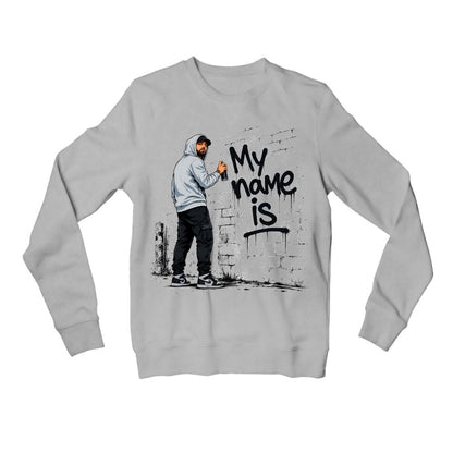 eminem my name is sweatshirt upper winterwear music band buy online united states usa the banyan tee tbt men women girls boys unisex gray 
