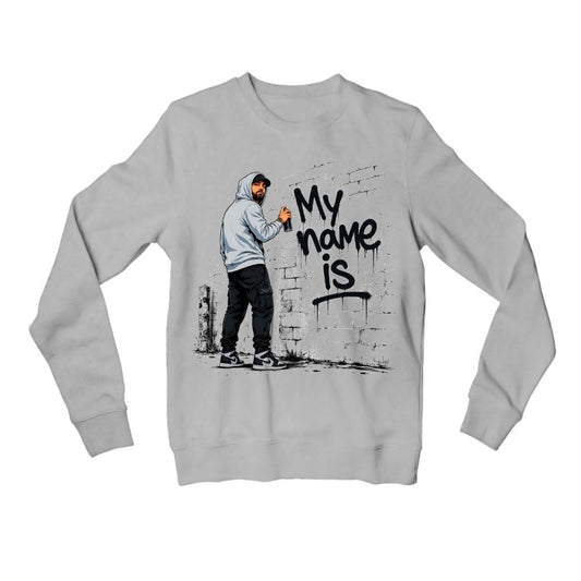 eminem my name is sweatshirt upper winterwear music band buy online united states usa the banyan tee tbt men women girls boys unisex gray 