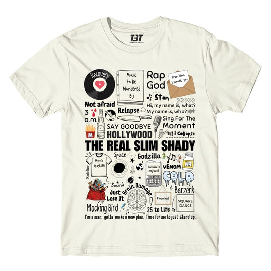 An off-white short-sleeve t-shirt with a detailed graphic print on the front, featuring various hip-hop and pop culture references in black and small colored icons. eminem shady doodle t-shirt music band buy online united states of america usa the banyan tee tbt men women girls boys unisex sky blue