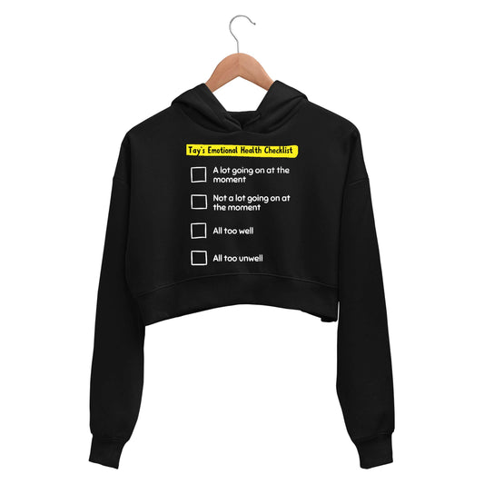 taylor swift tay's emotional health checklist crop hoodie hooded sweatshirt upper winterwear music band buy online india the banyan tee tbt men women girls boys unisex black