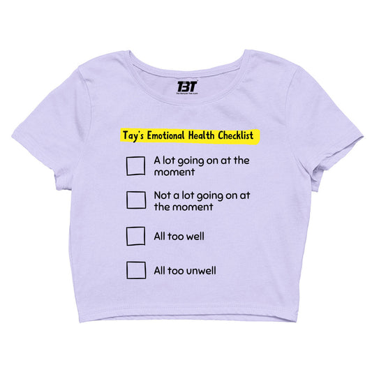taylor swift tay's emotional health checklist crop top music band buy online united states of america usa the banyan tee tbt men women girls boys unisex s