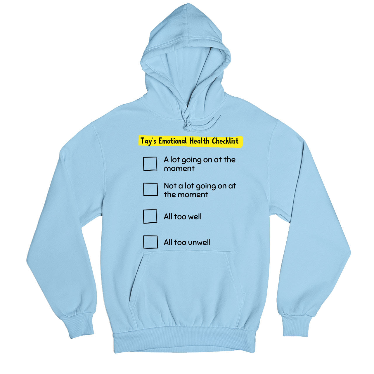 taylor swift tay's emotional health checklist hoodie hooded sweatshirt winterwear music band buy online united states usa the banyan tee tbt men women girls boys unisex baby blue