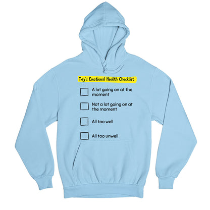 taylor swift tay's emotional health checklist hoodie hooded sweatshirt winterwear music band buy online united states usa the banyan tee tbt men women girls boys unisex baby blue