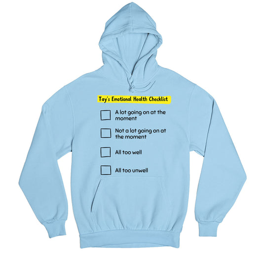 taylor swift tay's emotional health checklist hoodie hooded sweatshirt winterwear music band buy online united states usa the banyan tee tbt men women girls boys unisex baby blue