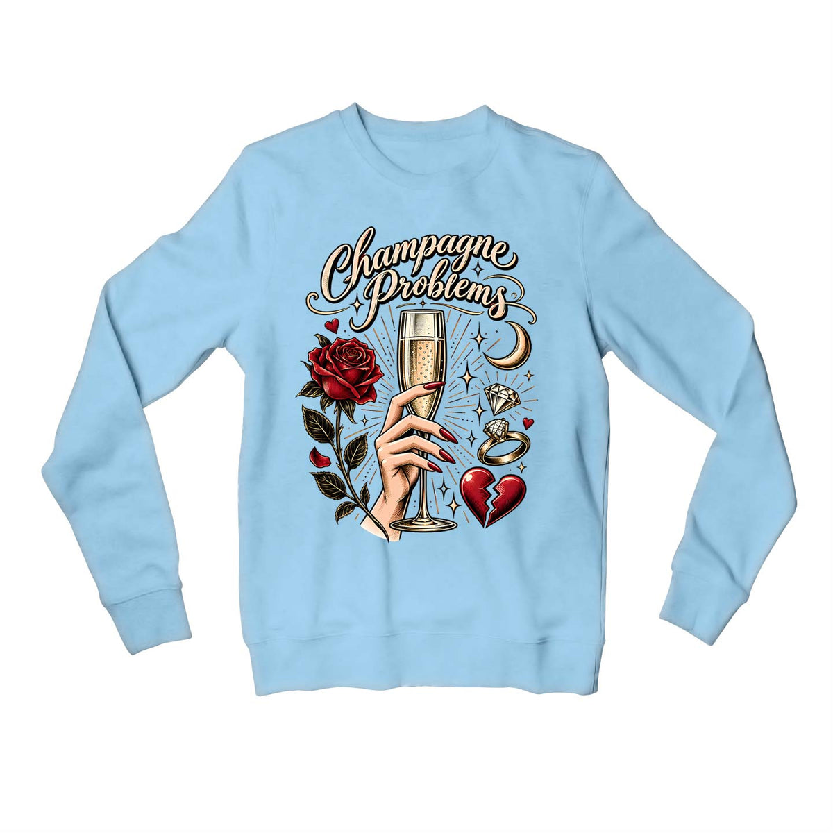 taylor swift champagne problems sweatshirt upper winterwear music band buy online united states usa the banyan tee tbt men women girls boys unisex baby blue 