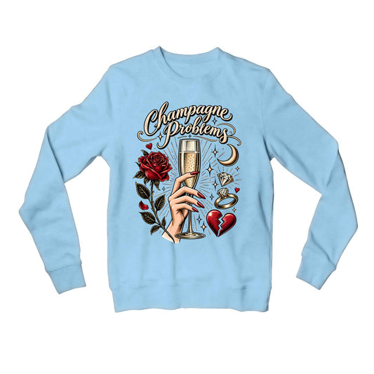 taylor swift champagne problems sweatshirt upper winterwear music band buy online united states usa the banyan tee tbt men women girls boys unisex baby blue 