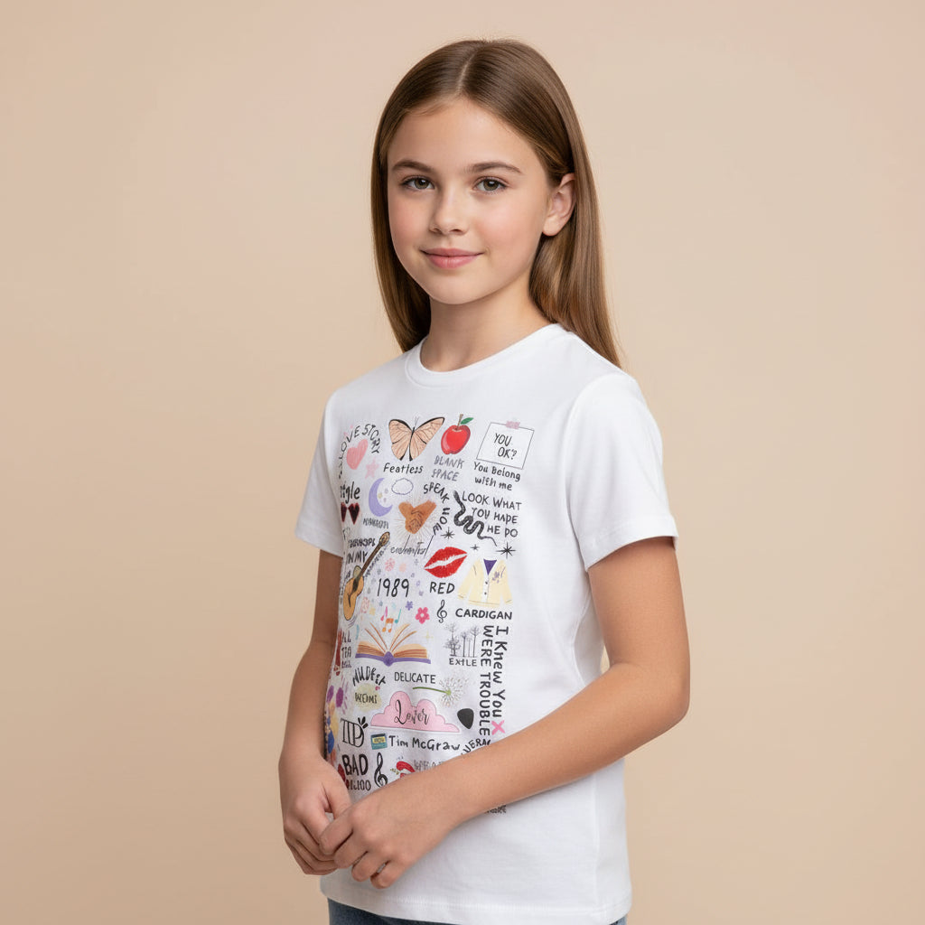 taylor swift tay's doodle t-shirt music band buy online united states of america usa the banyan tee tbt men women girls boys unisex white