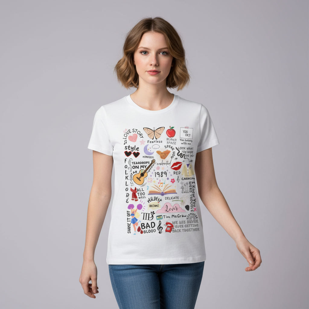 taylor swift tay's doodle t-shirt music band buy online united states of america usa the banyan tee tbt men women girls boys unisex white