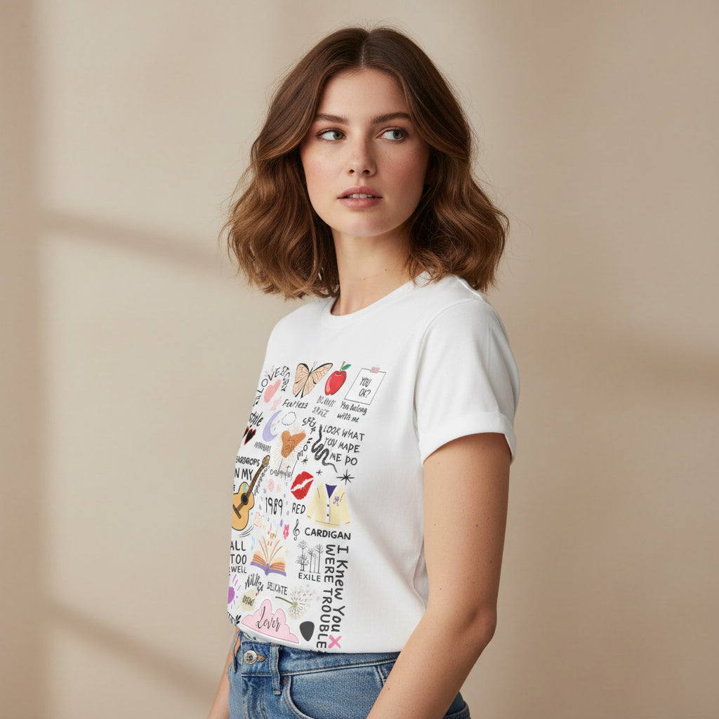 taylor swift tay's doodle t-shirt music band buy online united states of america usa the banyan tee tbt men women girls boys unisex white
