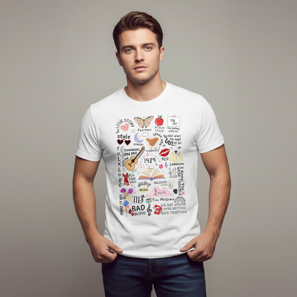taylor swift tay's doodle t-shirt music band buy online united states of america usa the banyan tee tbt men women girls boys unisex white