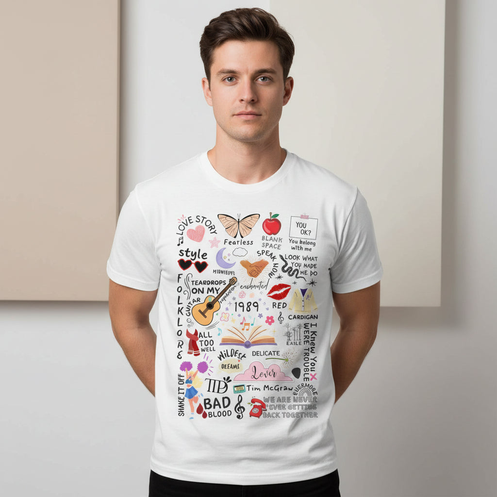 taylor swift tay's doodle t-shirt music band buy online united states of america usa the banyan tee tbt men women girls boys unisex white