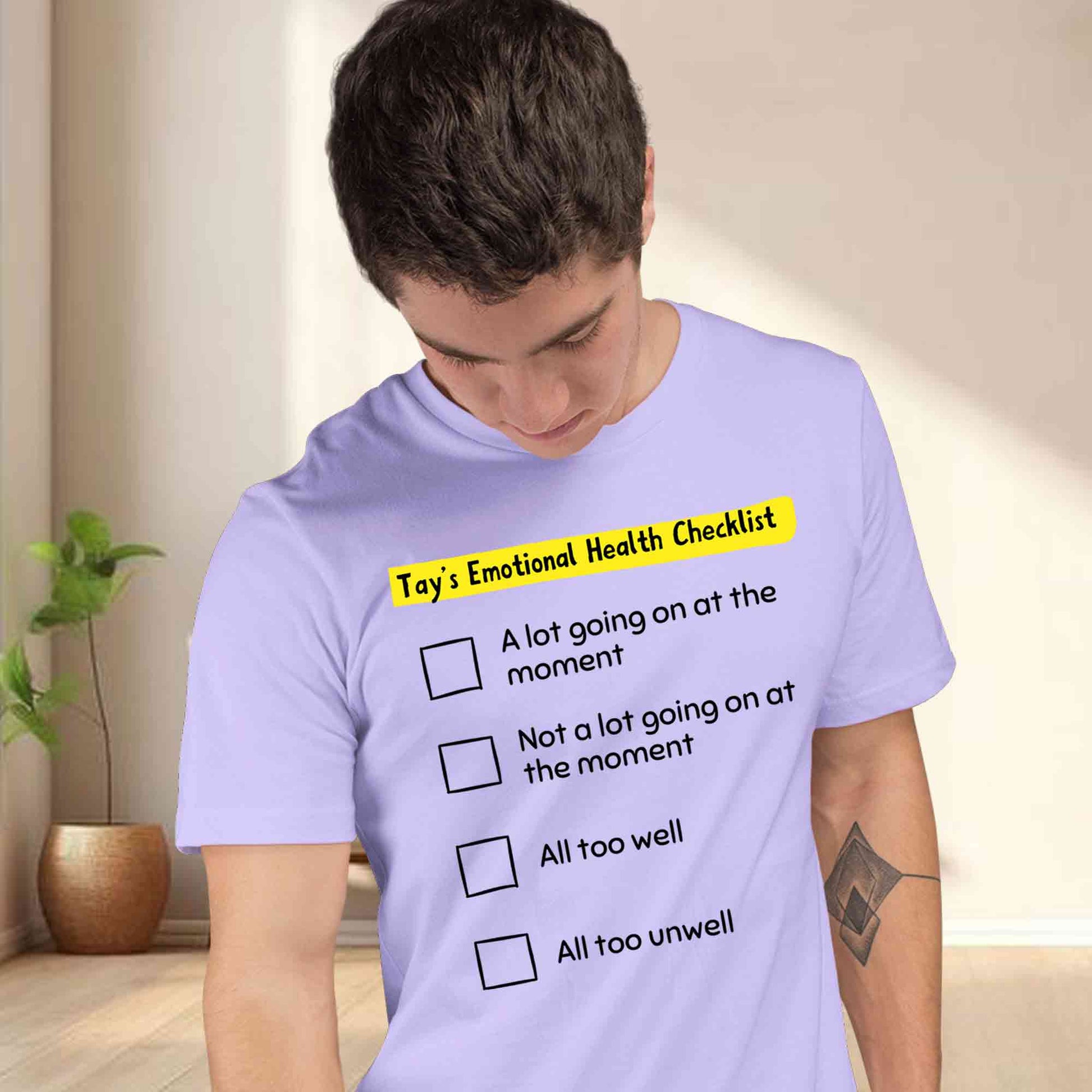 taylor swift tay's emotional health checklist t-shirt music band buy online united states of america usa the banyan tee tbt men women girls boys unisex lavender