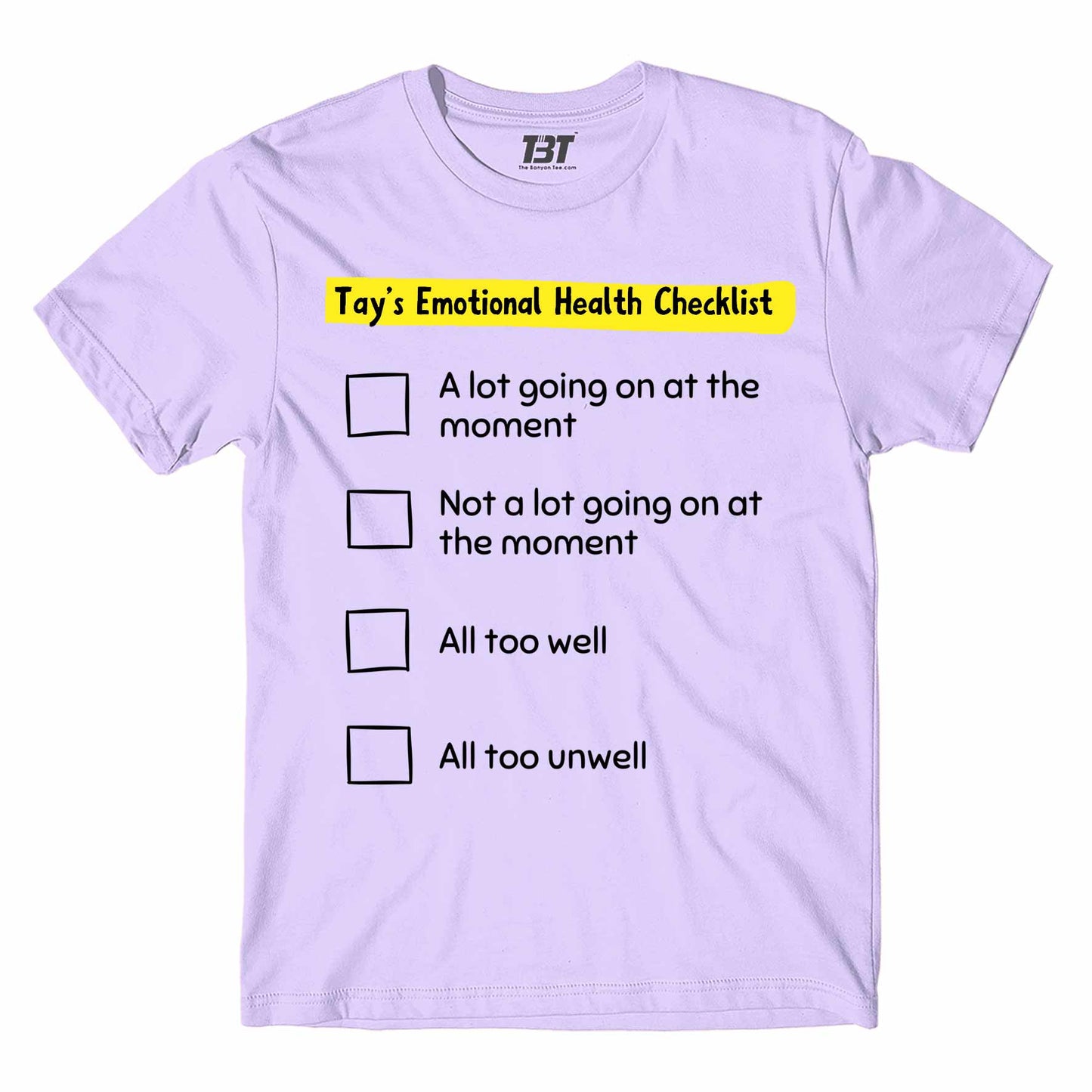 taylor swift tay's emotional health checklist t-shirt music band buy online united states of america usa the banyan tee tbt men women girls boys unisex lavender