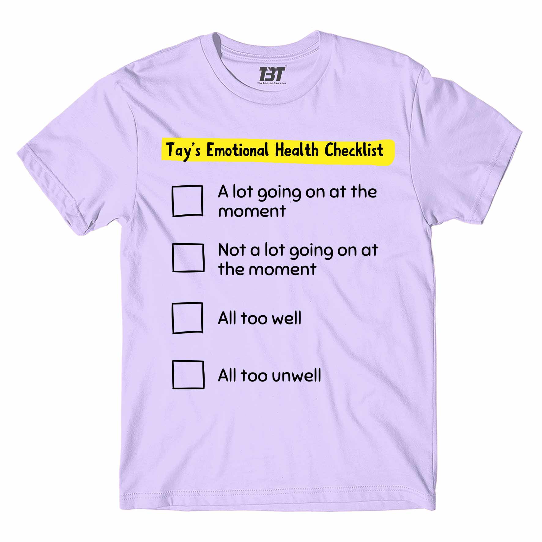 taylor swift tay's emotional health checklist t-shirt music band buy online united states of america usa the banyan tee tbt men women girls boys unisex lavender