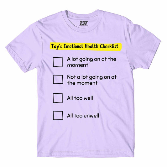 taylor swift tay's emotional health checklist t-shirt music band buy online united states of america usa the banyan tee tbt men women girls boys unisex lavender