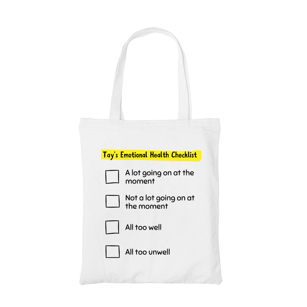 taylor swift tay's emotional health checklist tote bag cotton printed music band buy online united states usa the banyan tee tbt men women girls boys unisex