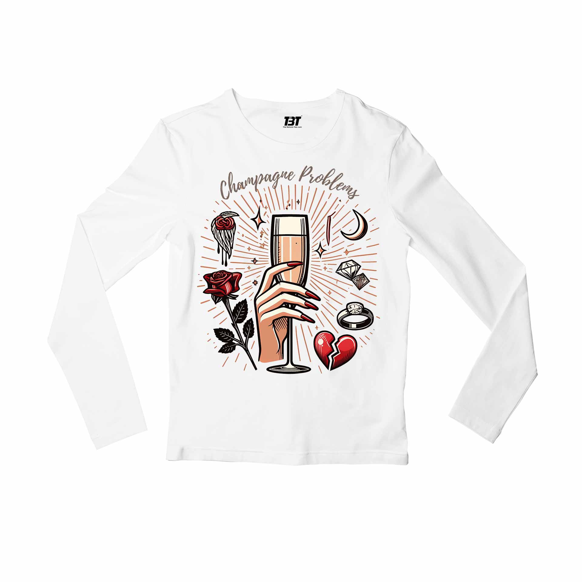 taylor swift champagne problems full sleeves long sleeves music band buy online india the banyan tee tbt men women girls boys unisex white