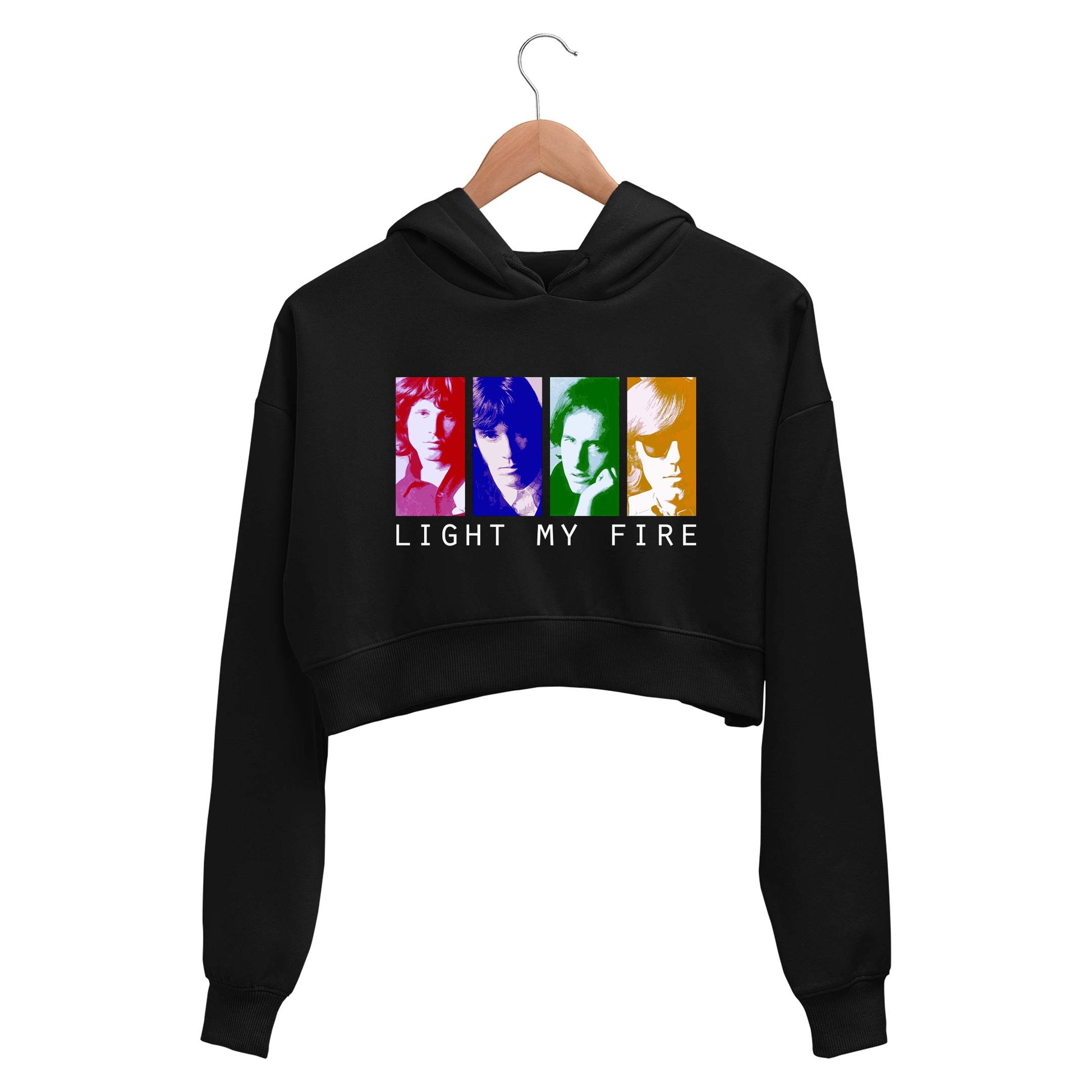 the doors light my fire pop art crop hoodie hooded sweatshirt upper winterwear music band buy online india the banyan tee tbt men women girls boys unisex black