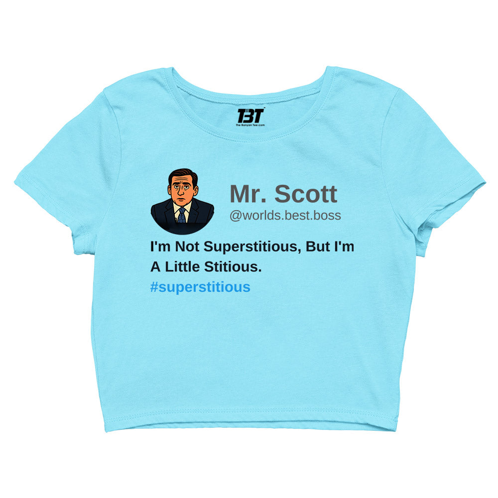 the office i am not superstitious i am a little stitious crop top tv & movies buy online united states of america usa the banyan tee tbt men women girls boys unisex Sky Blue - michael scott quote