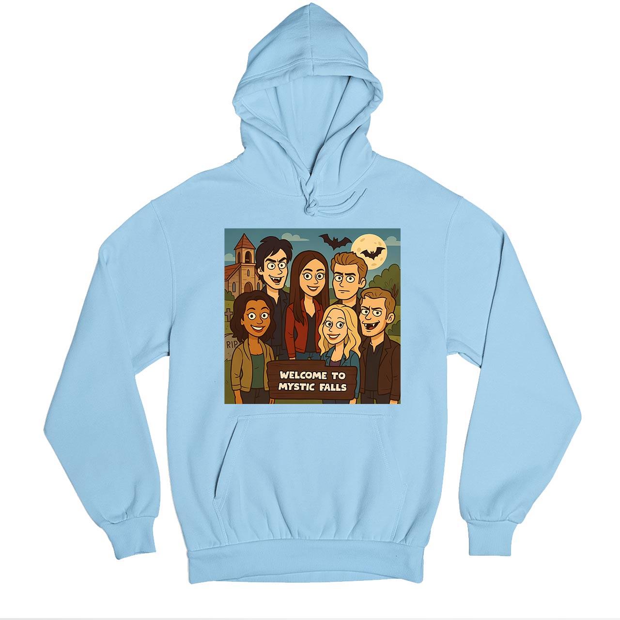 the vampire diaries welcome to mystic falls hoodie hooded sweatshirt winterwear tv & movies buy online united states usa the banyan tee tbt men women girls boys unisex baby blue 
