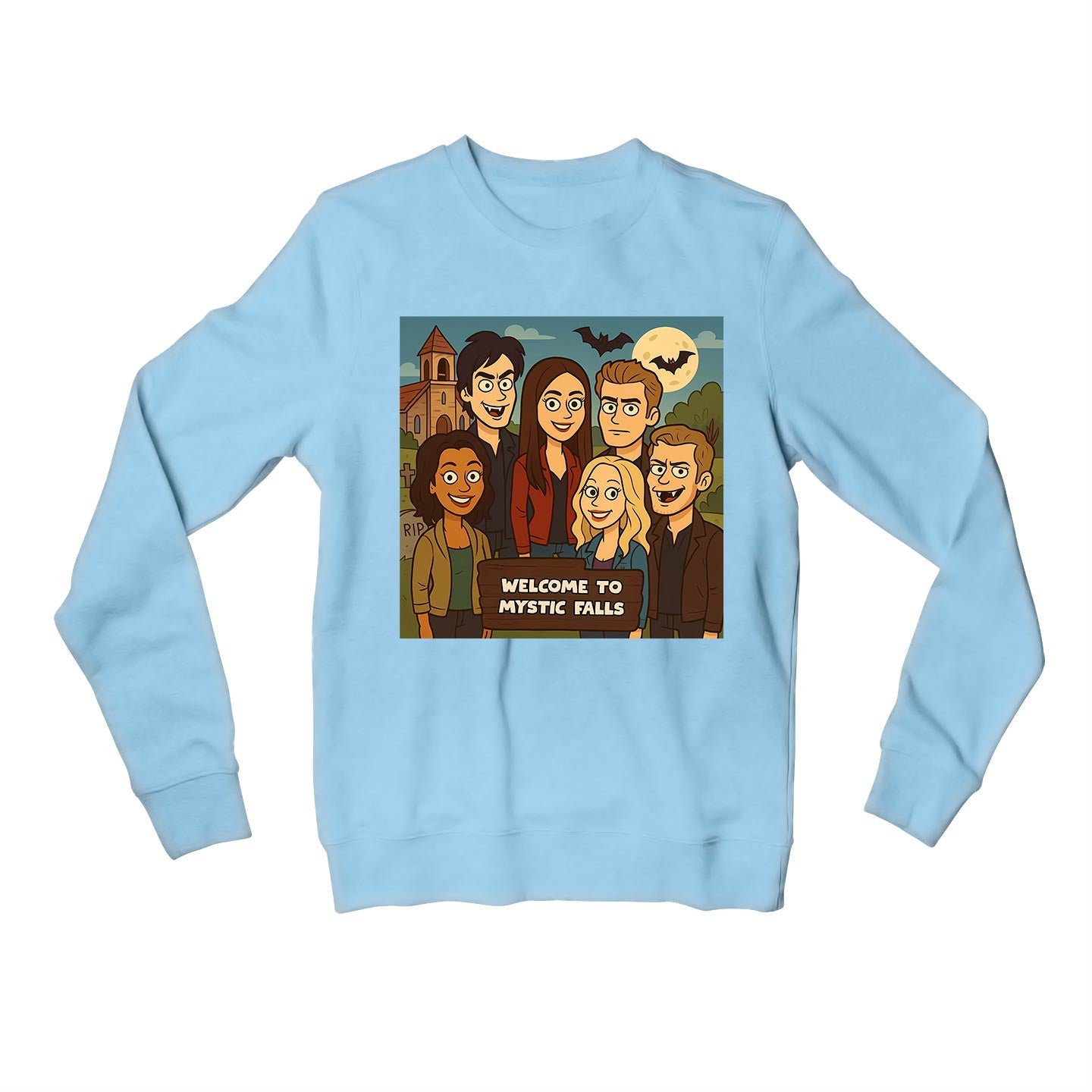 the vampire diaries welcome to mystic falls sweatshirt upper winterwear tv & movies buy online united states usa the banyan tee tbt men women girls boys unisex baby blue 