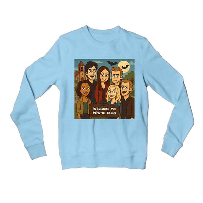 the vampire diaries welcome to mystic falls sweatshirt upper winterwear tv & movies buy online united states usa the banyan tee tbt men women girls boys unisex baby blue 