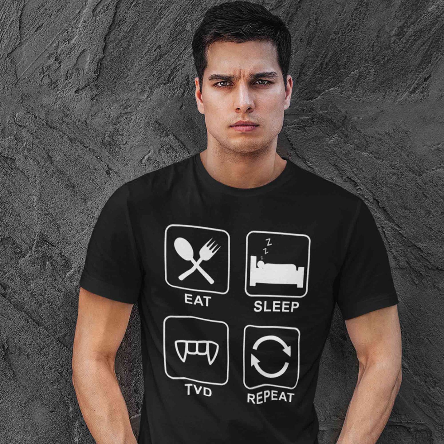the vampire diaries eat sleep tvd repeat t-shirt tv & movies buy online united states of america usa the banyan tee tbt men women girls boys unisex black tvd stefan elena damon caroline katherine tyler bonnie