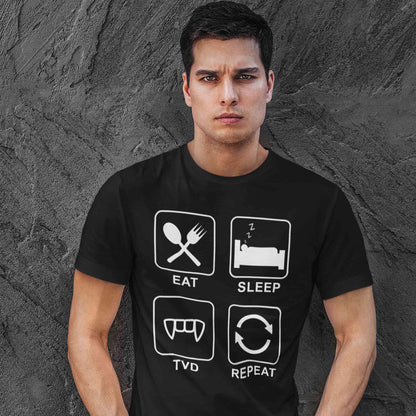 the vampire diaries eat sleep tvd repeat t-shirt tv & movies buy online united states of america usa the banyan tee tbt men women girls boys unisex black tvd stefan elena damon caroline katherine tyler bonnie