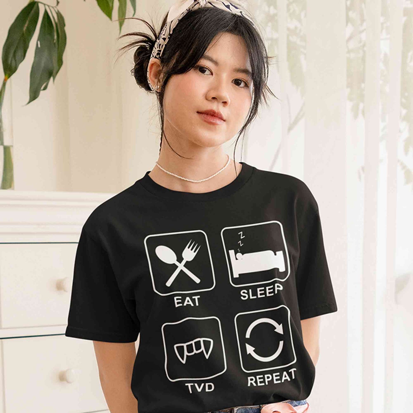 the vampire diaries eat sleep tvd repeat t-shirt tv & movies buy online united states of america usa the banyan tee tbt men women girls boys unisex black tvd stefan elena damon caroline katherine tyler bonnie