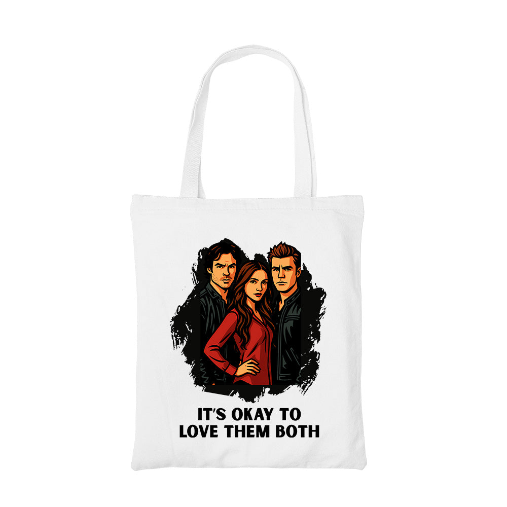 the vampire diaries love them both tote bag hand printed cotton women men unisex