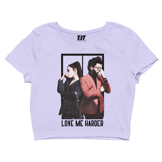 the weeknd love me harder crop top music band buy online united states of america usa the banyan tee tbt men women girls boys unisex lavender