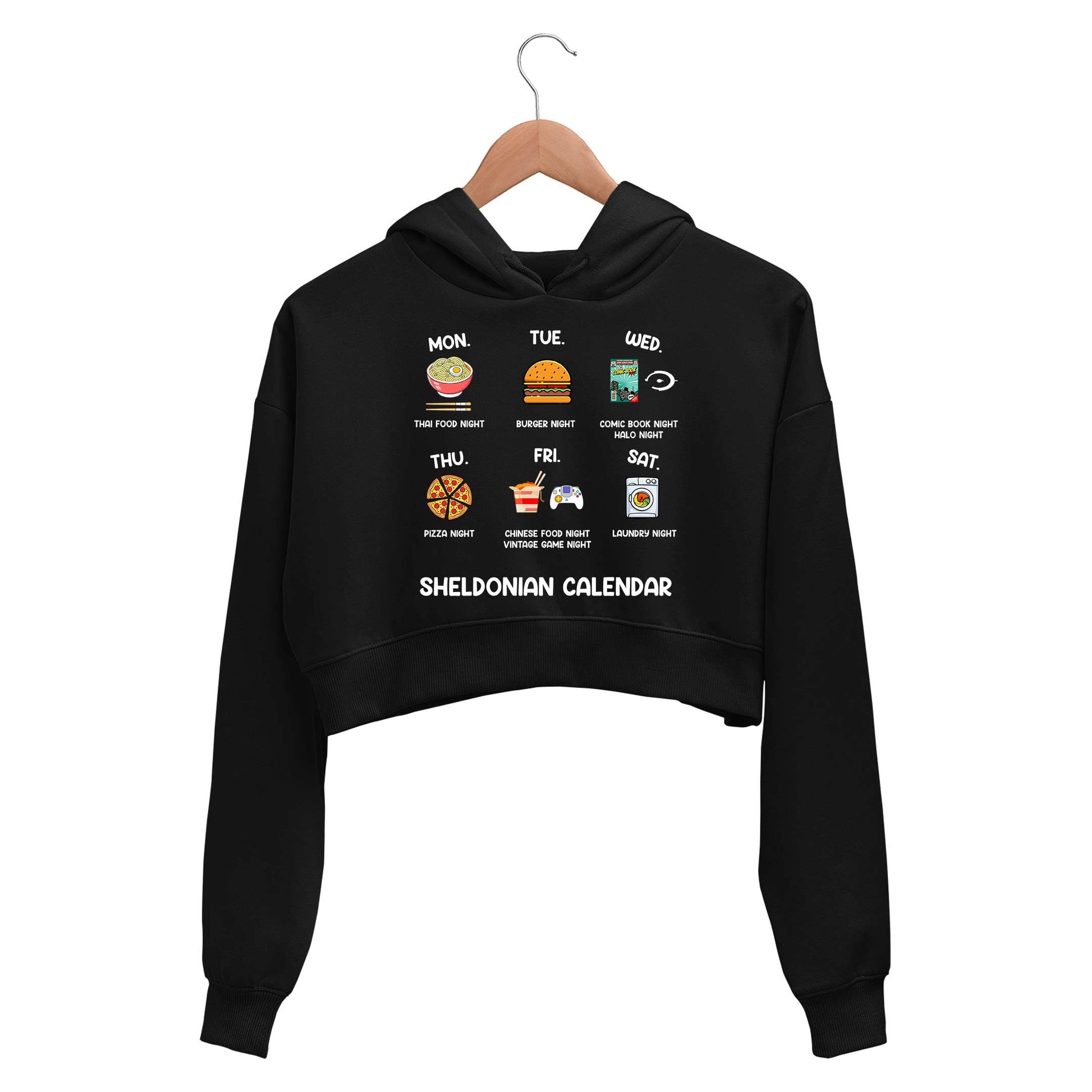 the big bang theory sheldonian calendar crop hoodie hooded sweatshirt upper winterwear tv & movies buy online india the banyan tee tbt men women girls boys unisex black