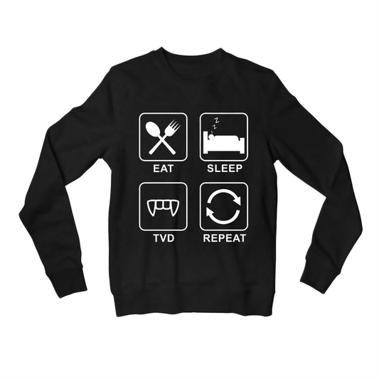 the vampire diaries eat sleep tvd repeat sweatshirt upper winterwear tv & movies buy online united states of america usa the banyan tee tbt men women girls boys unisex black tvd stefan elena damon caroline katherine tyler bonnie