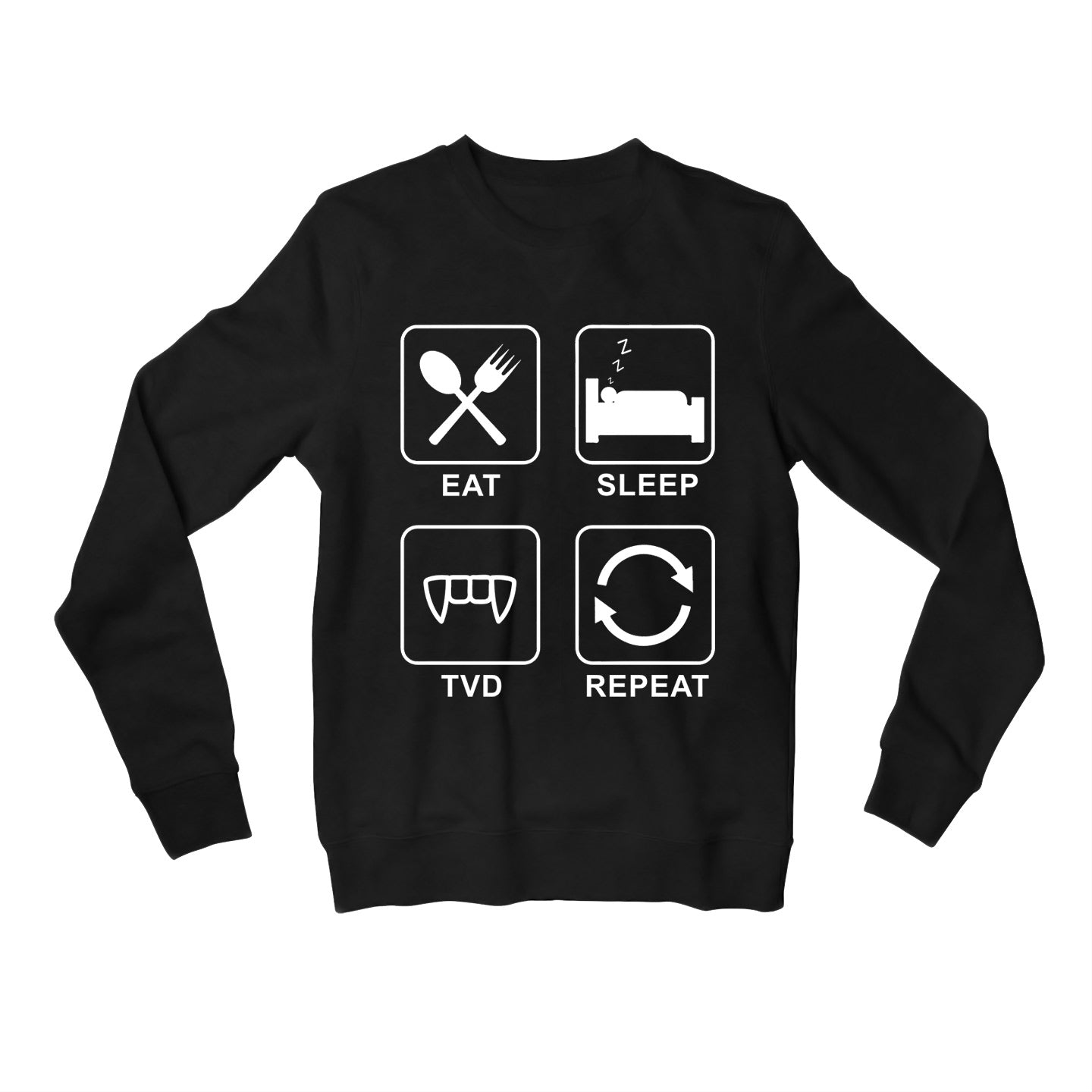 the vampire diaries eat sleep tvd repeat sweatshirt upper winterwear tv & movies buy online united states usa the banyan tee tbt men women girls boys unisex black tvd stefan elena damon caroline katherine tyler bonnie