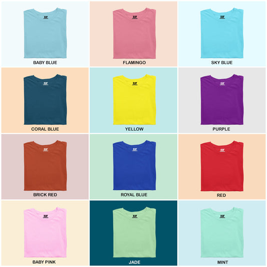 Color Carousel pack of 12 Premium cotton Multicolor T-shir Baby Blue Flamingo Sky Blue Coral Blue Yellow Purple Brick Red Royal Blue Red Baby Pink Jade Mint unisex tees half sleeve crew neck regular fit T-shirt