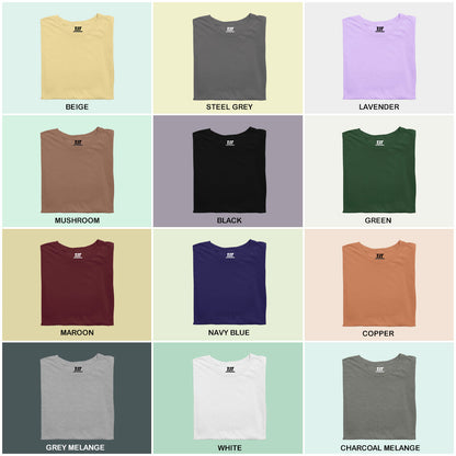 Essential Elegance Combo Pack Of 12 Multicolor combo Premium cotton T-shirt unisex tees half sleeve crew neck regular fit T-shirt colors available Beige, Steel Grey, Lavender, Mushroom, Black, Green, Maroon, Navy Blue, Copper, Grey Melange, White, Charcoal Melange.