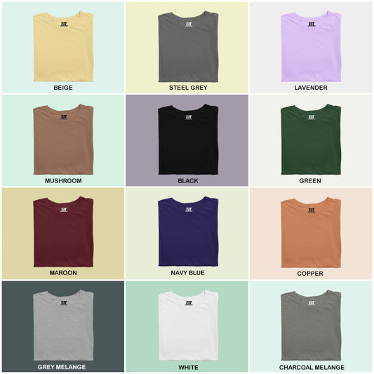 Essential Elegance Combo Pack Of 12 Multicolor combo Premium cotton T-shirt unisex tees half sleeve crew neck regular fit T-shirt colors available Beige, Steel Grey, Lavender, Mushroom, Black, Green, Maroon, Navy Blue, Copper, Grey Melange, White, Charcoal Melange.