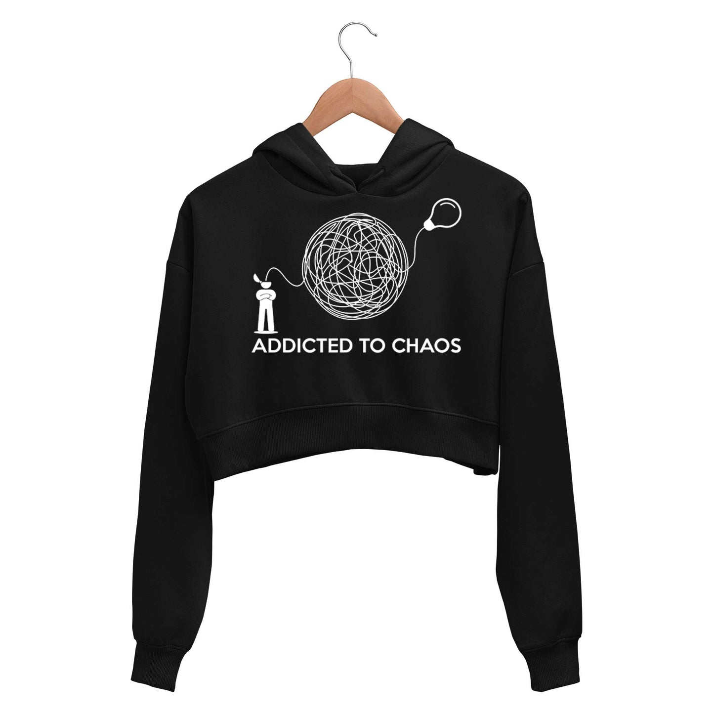 printed addicted to chaos crop hoodie hooded sweatshirt upper winterwear printed graphic stylish buy online india the banyan tee tbt men women girls boys unisex black