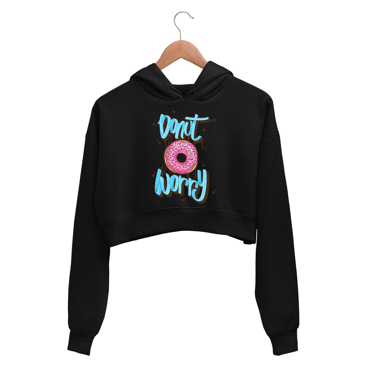 printed donut worry crop hoodie hooded sweatshirt upper winterwear printed graphic stylish buy online india the banyan tee tbt men women girls boys unisex black