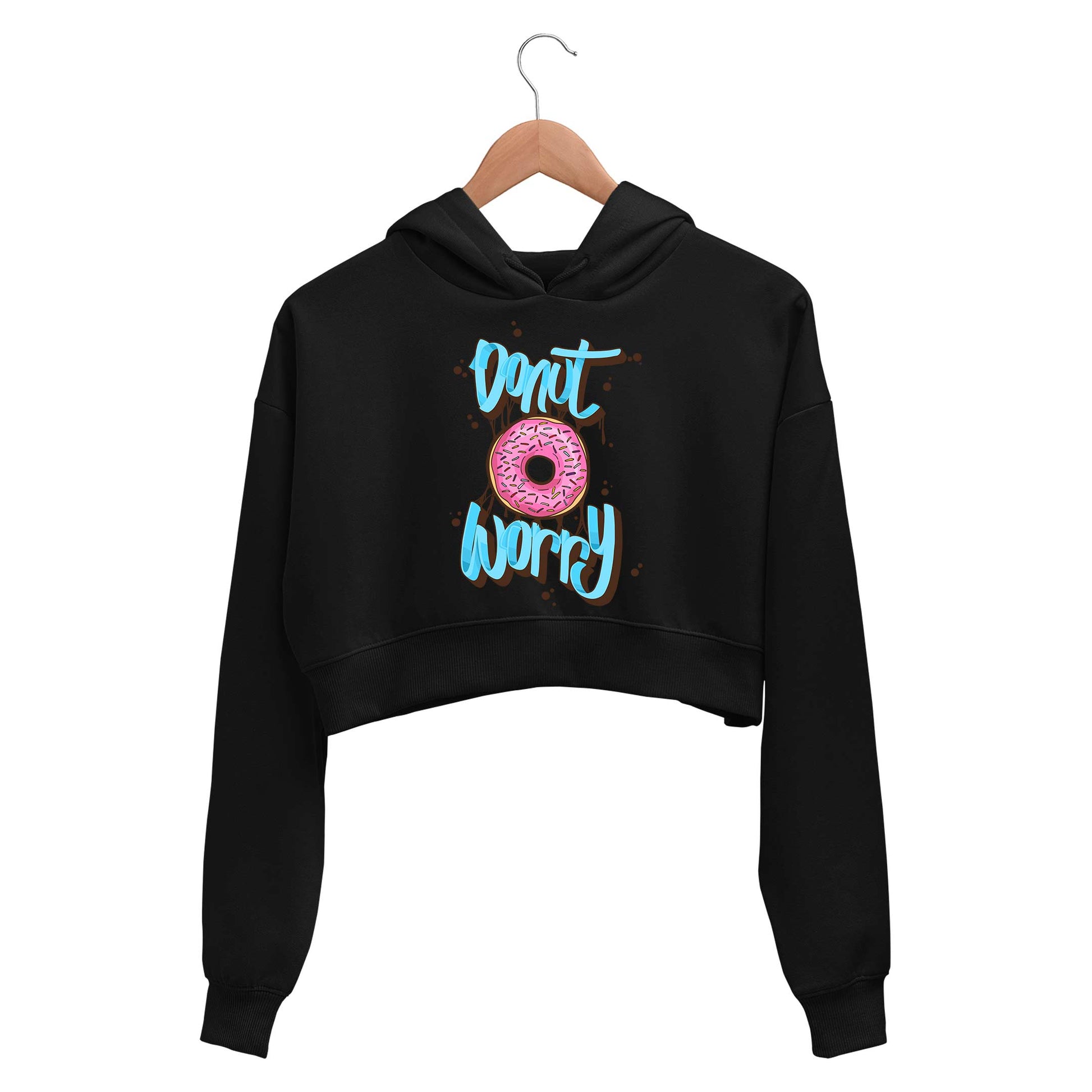 printed donut worry crop hoodie hooded sweatshirt upper winterwear printed graphic stylish buy online india the banyan tee tbt men women girls boys unisex black