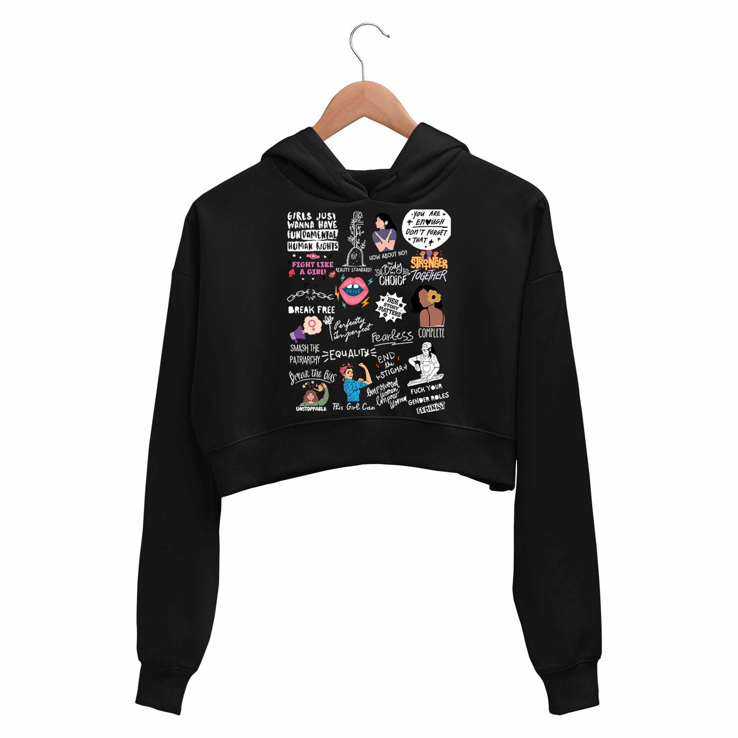printed feminism doodle crop hoodie hooded sweatshirt upper winterwear printed graphic stylish buy online india the banyan tee tbt men women girls boys unisex black