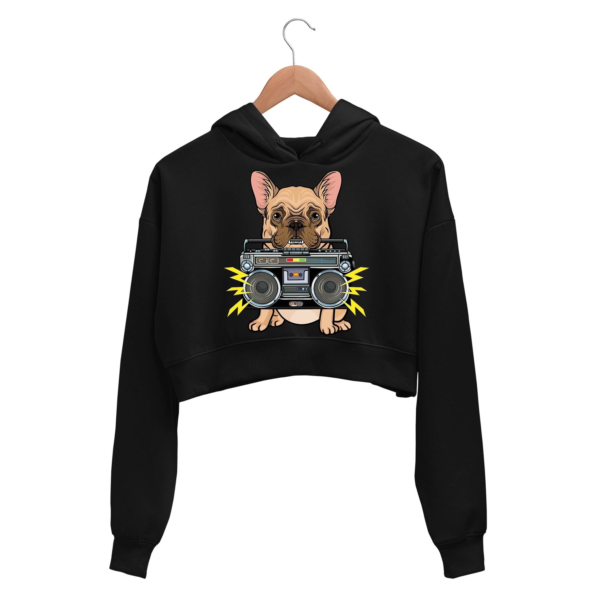printed woof box crop hoodie hooded sweatshirt upper winterwear printed graphic stylish buy online india the banyan tee tbt men women girls boys unisex black
