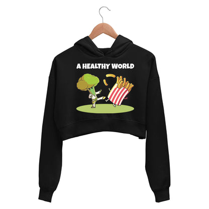 printed a healthy world crop hoodie hooded sweatshirt upper winterwear printed graphic stylish buy online india the banyan tee tbt men women girls boys unisex black