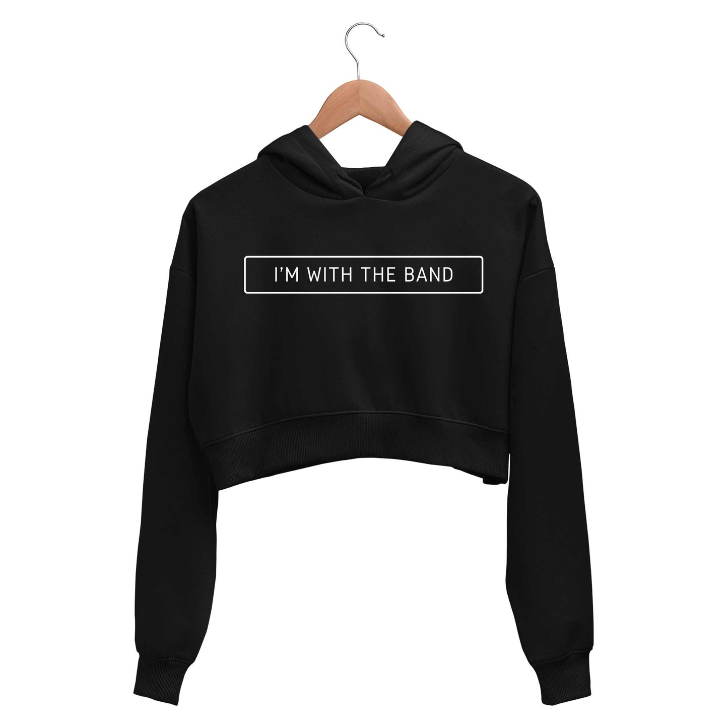 printed i'm with the band crop hoodie hooded sweatshirt upper winterwear printed graphic stylish buy online india the banyan tee tbt men women girls boys unisex black